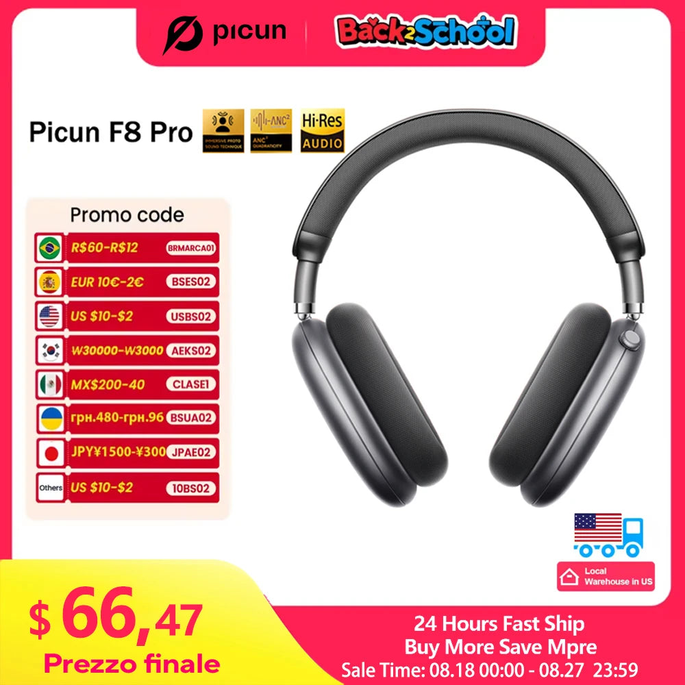 Picun F8 Pro ANC Wireless Headphones Head Tracking 3D Spatial Audio -52dB ANC HIFI Bluetooth Headset ENC HD Mic Low-Latency APP